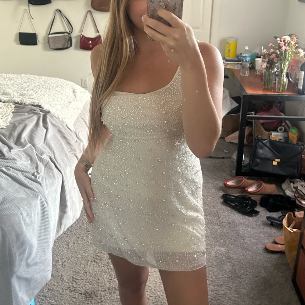 Oh Polly Pearl-Embellished White Mini Dress